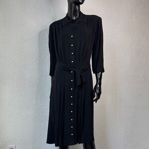 VTG 1950s Classic Black Button-Front Shirt Dress with Waist Tie + Pearl Buttons